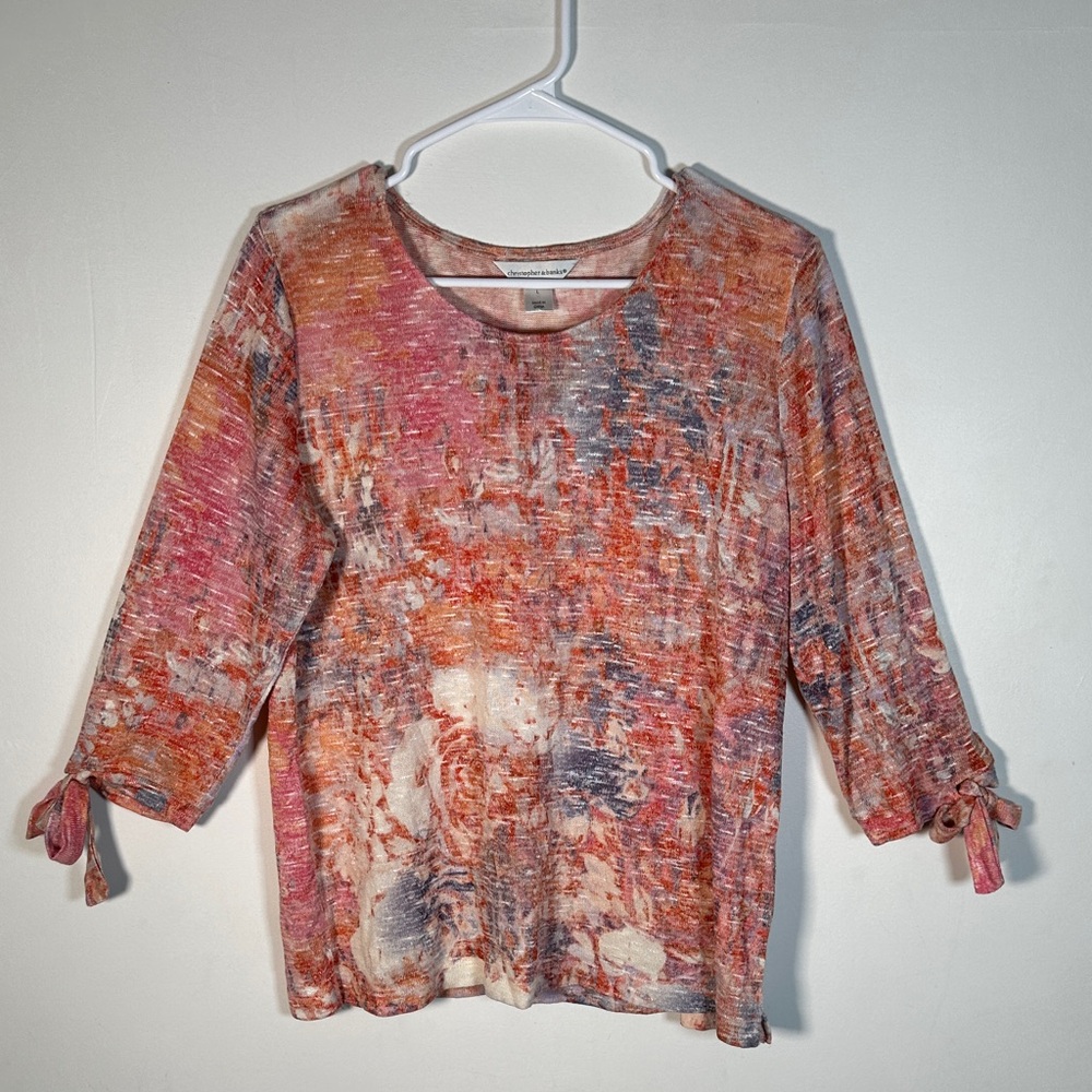 Lightweight Knit Sweater With Multicolor Abstract Print And 3/4 Sleeves With Bow